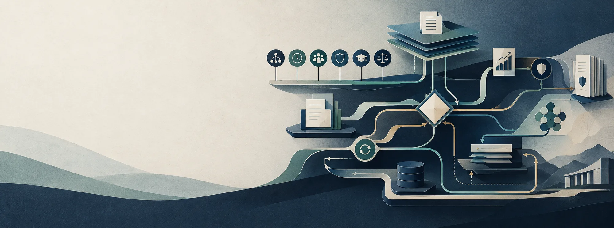 Abstract illustration of a decision architecture: data, documents and governance controls flowing through a central decision point in P&C insurance.